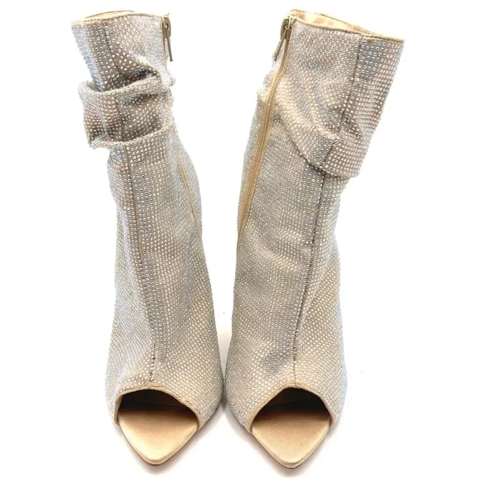 AZALEA WANG Women's Boots On A High Heel Rhinestones Beige Bandes SIZE 8